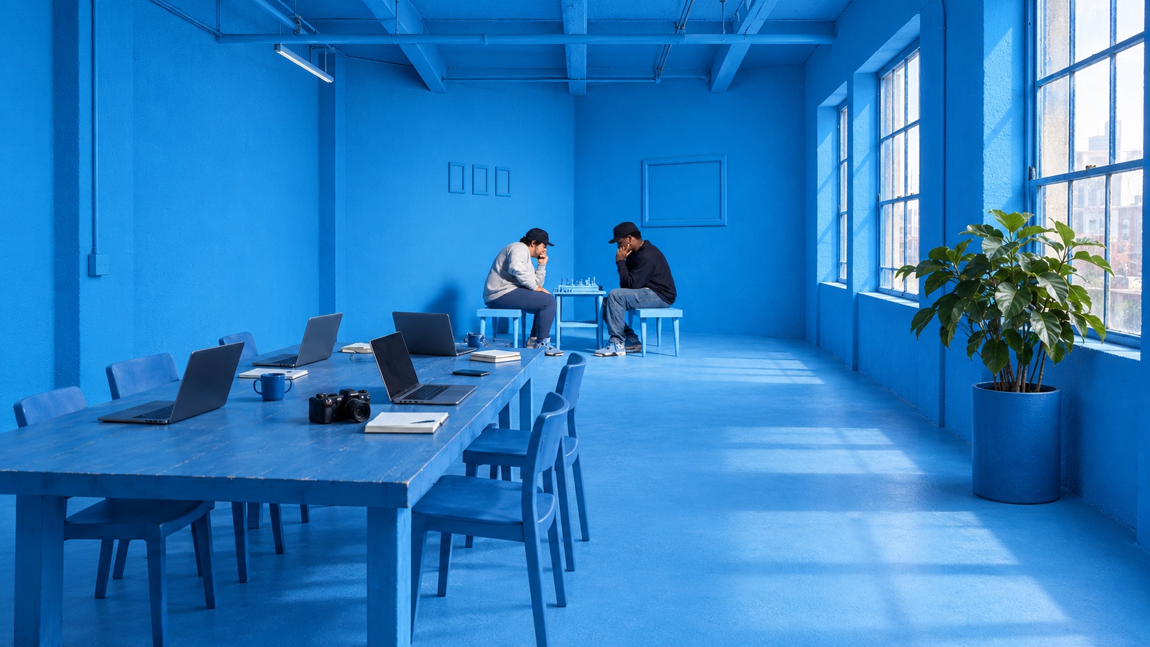 Estudio azul con los dos jugadores de ajedrez al fondo, una mesa compartida a la izquierda y ventanas a la derecha.
