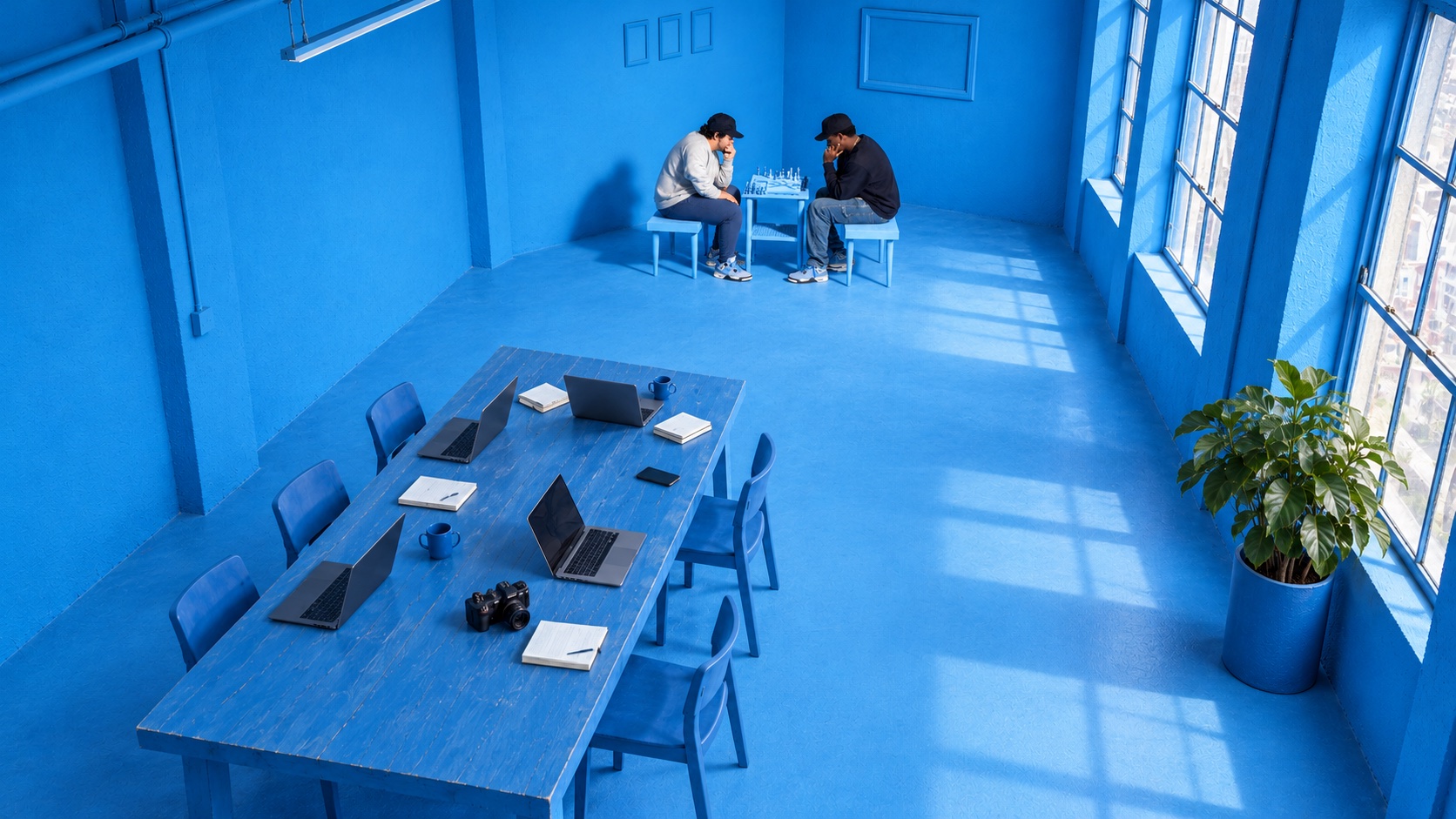 El mismo estudio visto desde arriba: la mesa de trabajo, los jugadores y las ventanas conservan su posición.